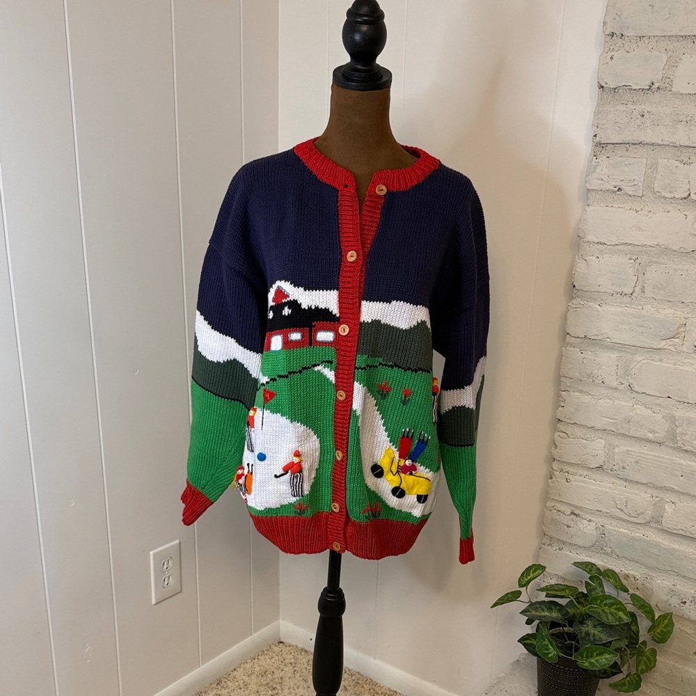 Vintage Colorful Golf Themed Holiday Cardigan Sweater 100% Cotton
